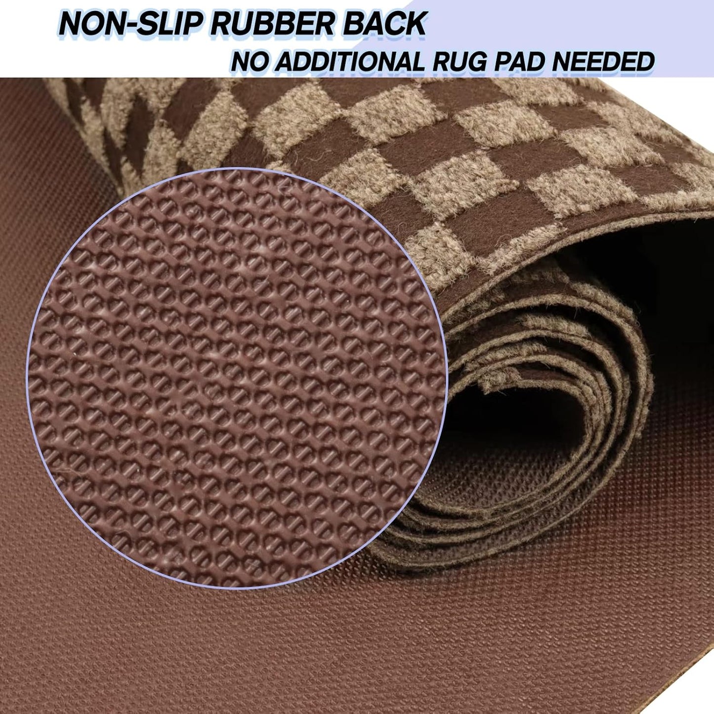 Custom Size Backed Non-Slip Area Rugs Runner, Easy Clean, Waterproof Runner Rugs for Hallway Entryway, Kitchen, Laundry, 2FT x 5FT, Brown Checkered