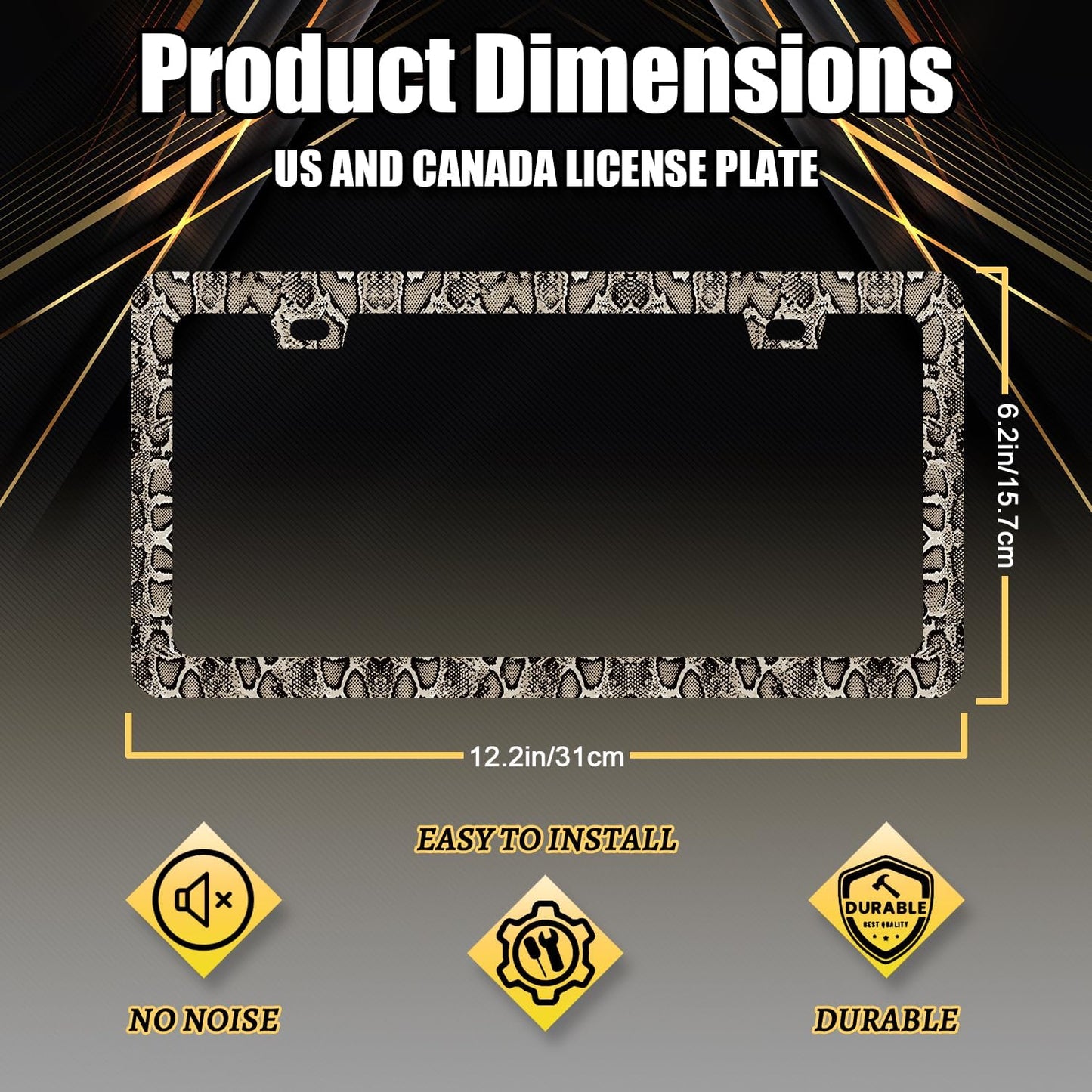 Snake Skin Print License Plate Frame Brown Animal Texture License Plate Holder Funny License Plate for Car Decoration Stainless Steel Snakes Car Accessory with Screws Men Women 12.3" x 6.3"