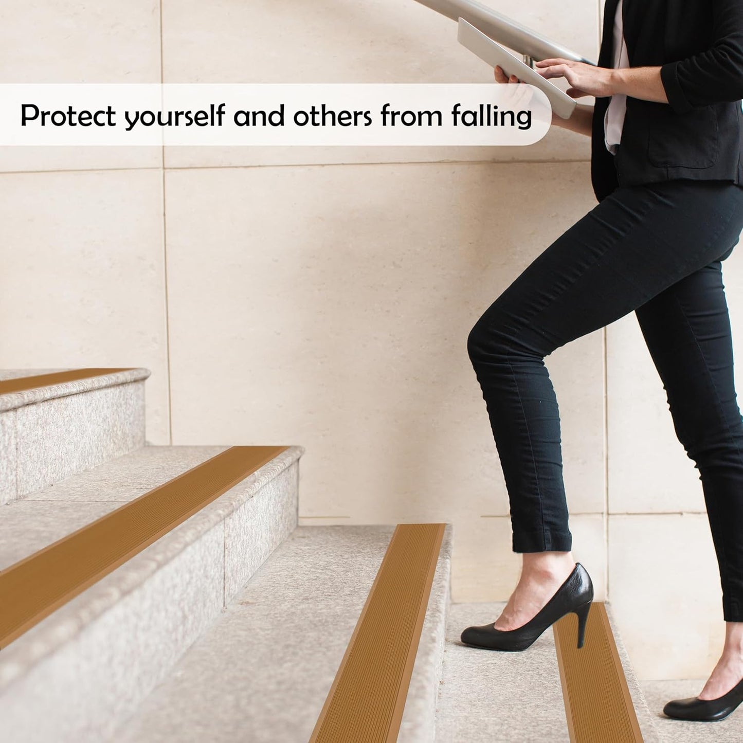 Rubber Bond 4x36in Anti Slip Stair Treads (15-Pack) - Waterproof Outdoor/Indoor Heavy Duty Non-Skid Tape for Stairs - Adhesive Rubber Grip Strips for Steps & Ramps - Brown