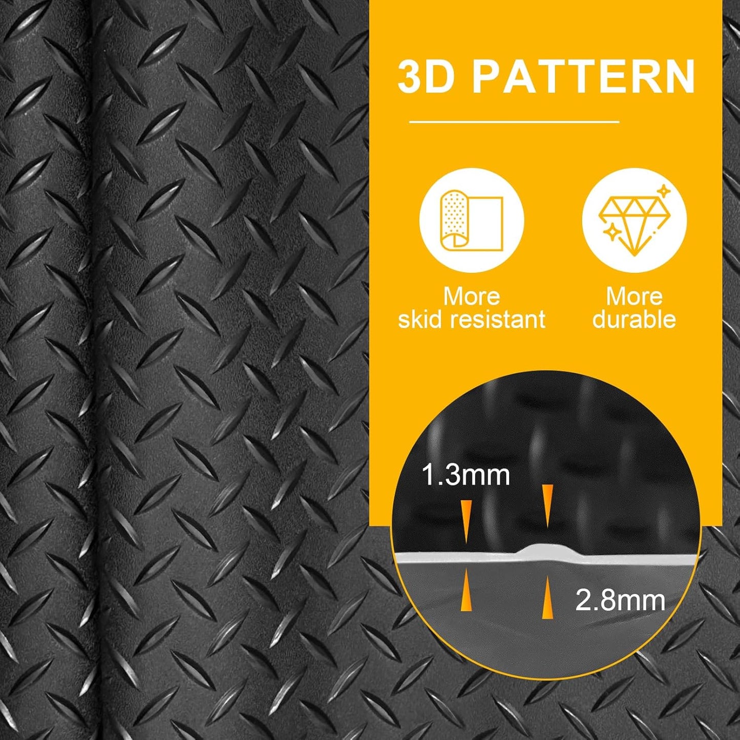 7.5x25 FT Garage Floor Mat, Updated 2.8mm Thicked Flooring Roll with 20Pcs Tapes, 188 sqft Diamond Plate PVC Rubber Trailer Mat, Non-Slip Floor Protector Mat for Garage Warehouse Gyms (Matte Black)