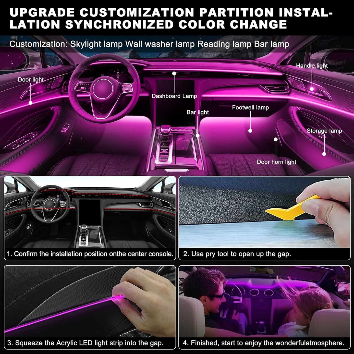 Acrylic Interior Car LED Strip Light with Wireless APP, 10 in 1 with 175 inches 593 LEDs Neon LED Strip Light, RGB Colors Dynamic Music Sync Car Ambient Lighting Kits