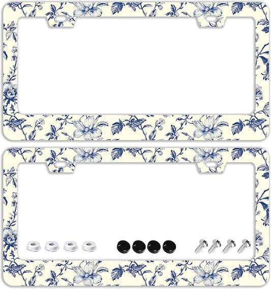 Blue Floral Flowers License Plate Frames - 2 Pcs Set 2 Holes Stainless Steel Metal Auto Car Accessories Decoration License Plate Frame Cover Size 6.3" x 12.2" Fit US Vehicles for Women Men Gift