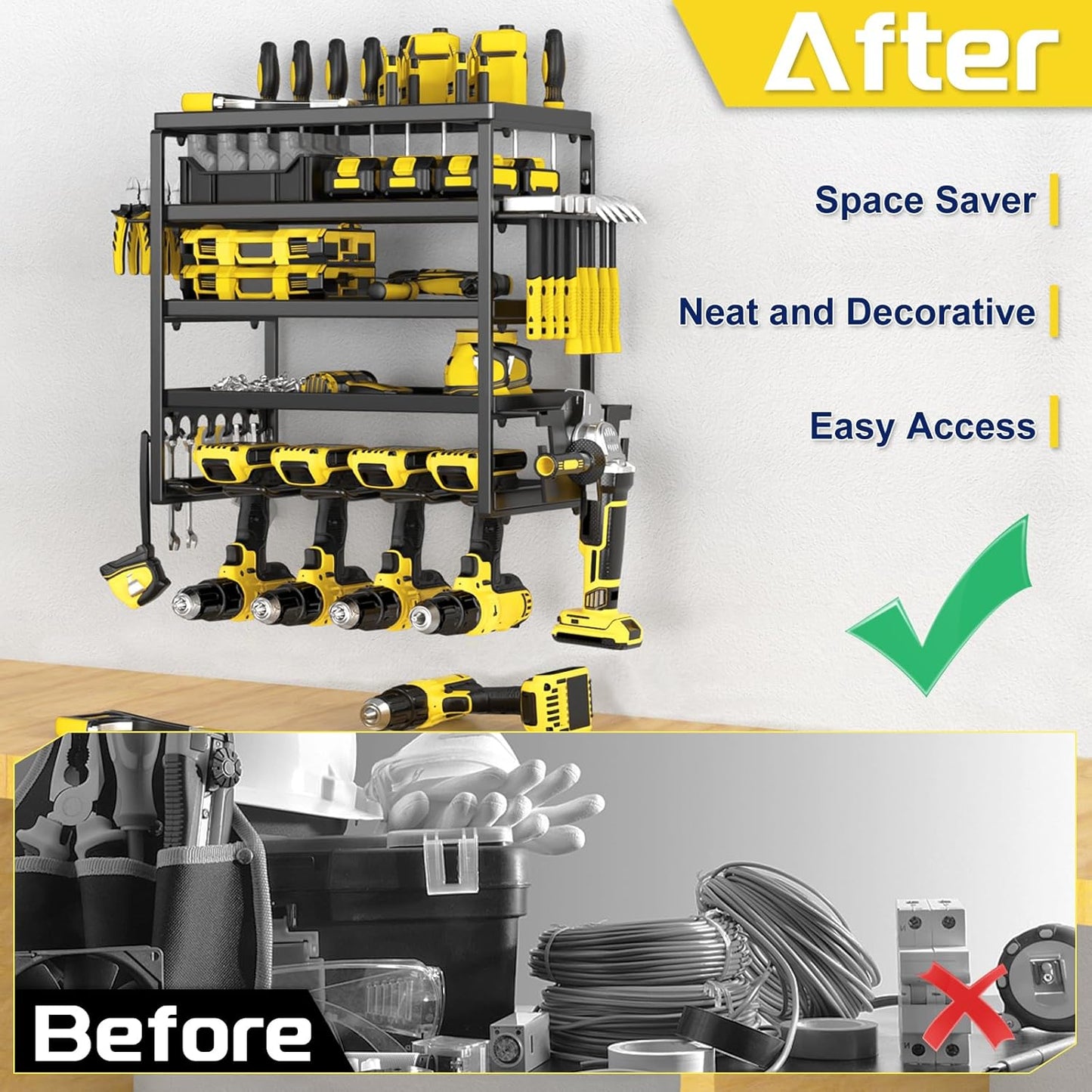 Power Tool Organizer, 5 Layer Drill Holders Wall Mount, Heavy Duty Metal Organizers and Storage Rack for Garage Organization, Tools Shelves with Screwdriver Plier Hammer Holder, Black