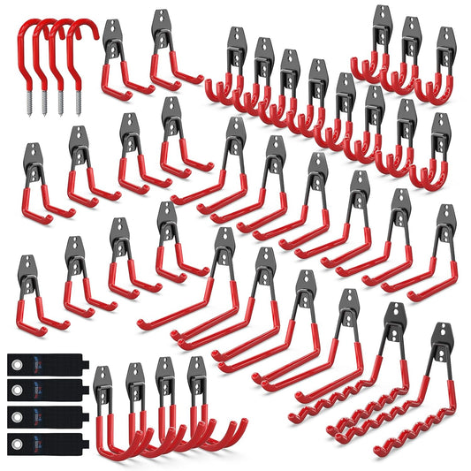 3-H Garage Wall Hooks 45 Pack, Garage Hooks Heavy Duty with Extra Welding Spots, Garage Organizer for Garden, Lawn, Chairs, Ladders, WeedEater, Shovel (Red)