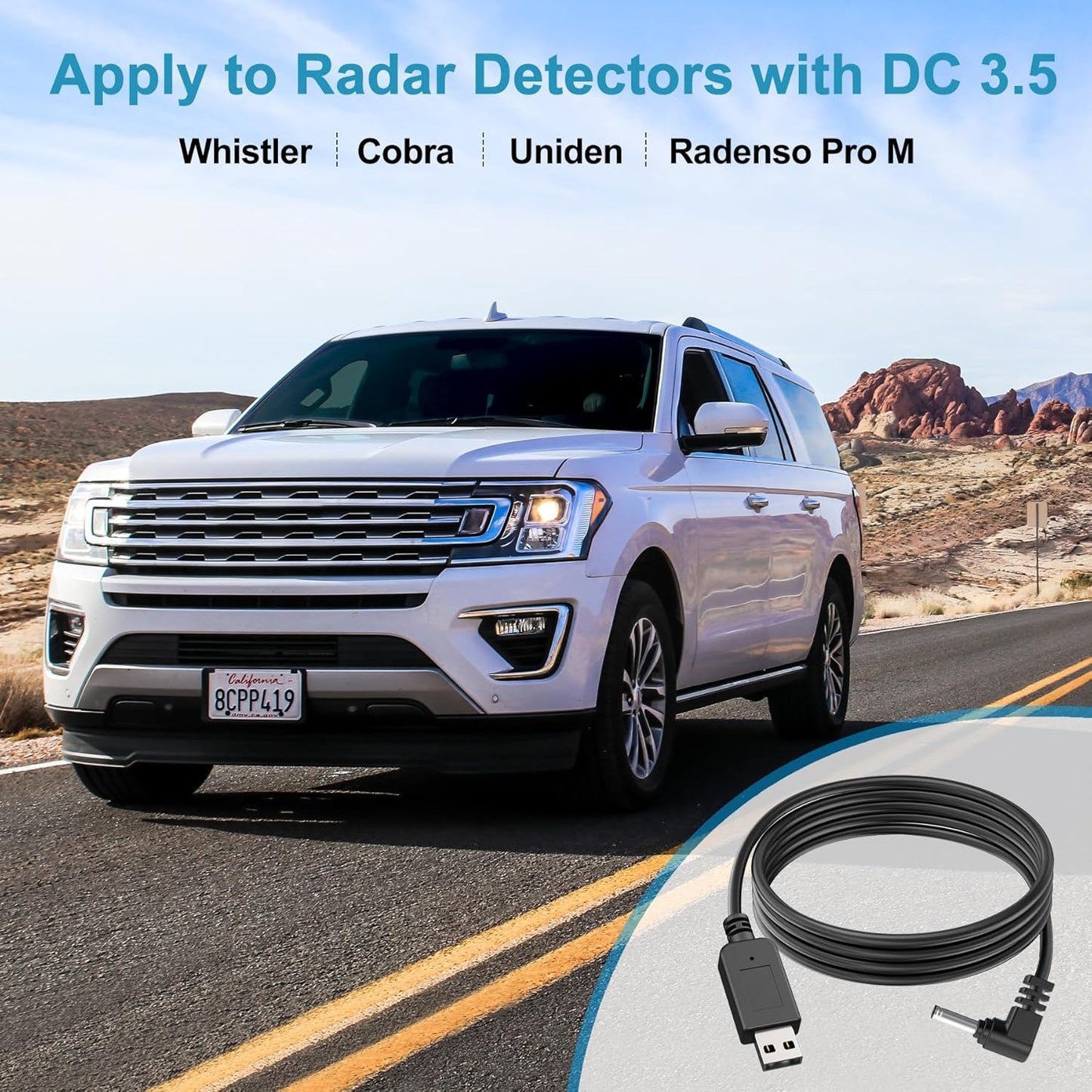 Radar Detector Cable, USB to DC3.5 Plug Cord,Replacement Radar Detectors Power Cable for Cobr RAD 350 380 450 480i Uniden DFR1 DFR3 DFR5 whistler Radenso Pro M Radar Detector (DC3.5-9.84FT)
