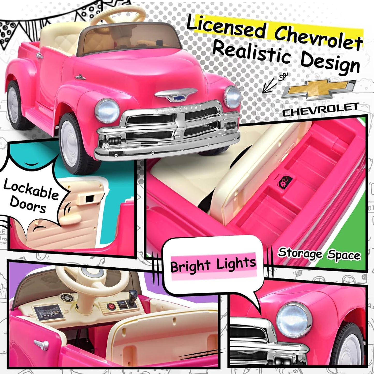 Joywhale 12V Kids Ride on Car Licensed Chevrolet 3100 Pickup Battery Powered Motorized Electric Car, with 7AH Big Battery, 2.4G Remote Control, 3-Speeds, Storage Space, Music, Retro Style, Pink