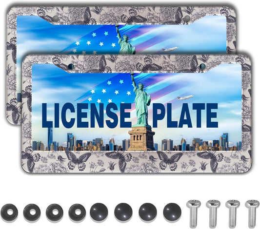 Automotive Exterior Accessories Black and White License Plate Frames Butterfly Flowers Universal Aluminum Car Accessory 2 Pack with Screw Covers Set