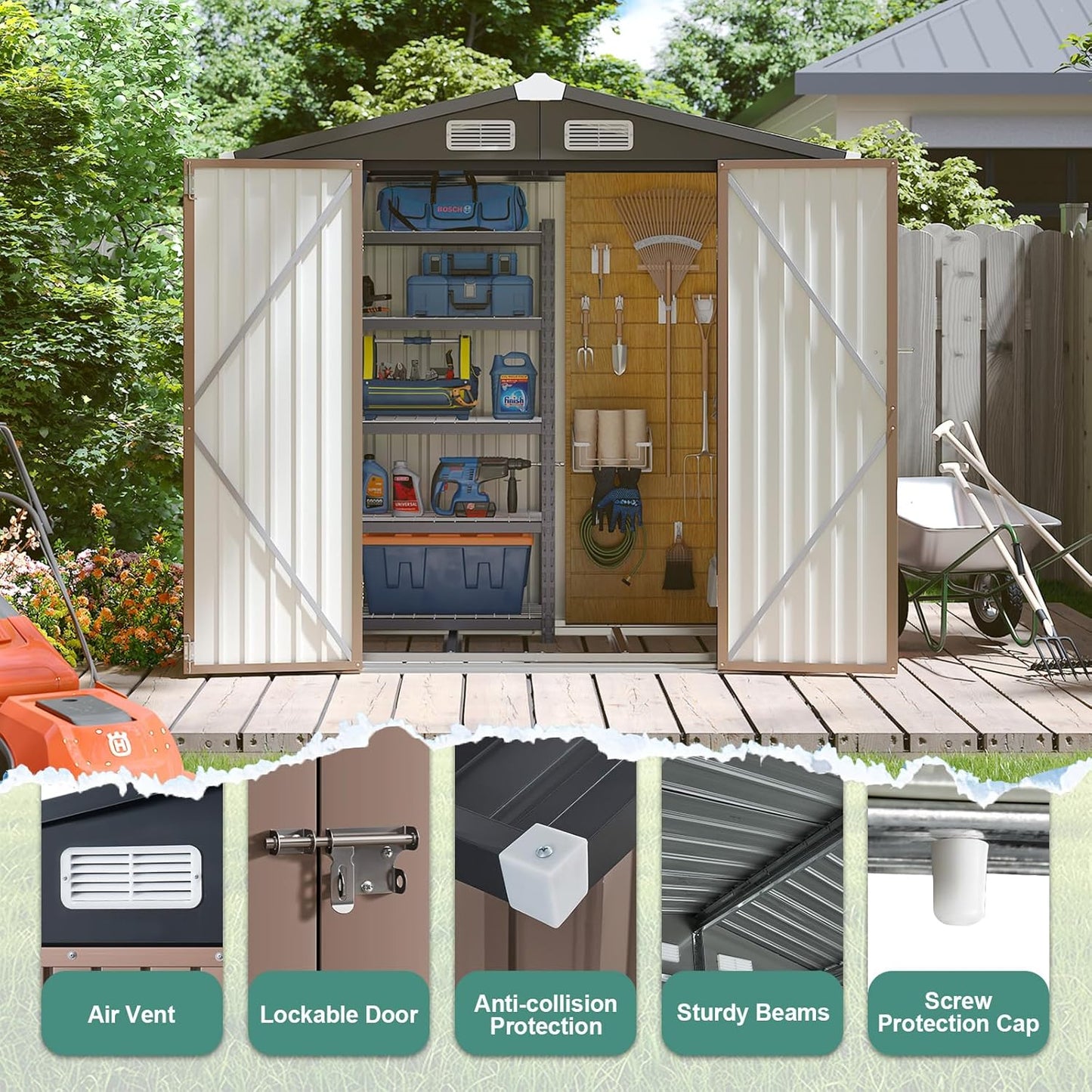 6x4 FT Outdoor Storage Shed with Lockable Double Doors & Loping Roof, Outdoor Metal Shed for Bike, Tool, Generator Storage in Backyard, Patio (6’x4’)