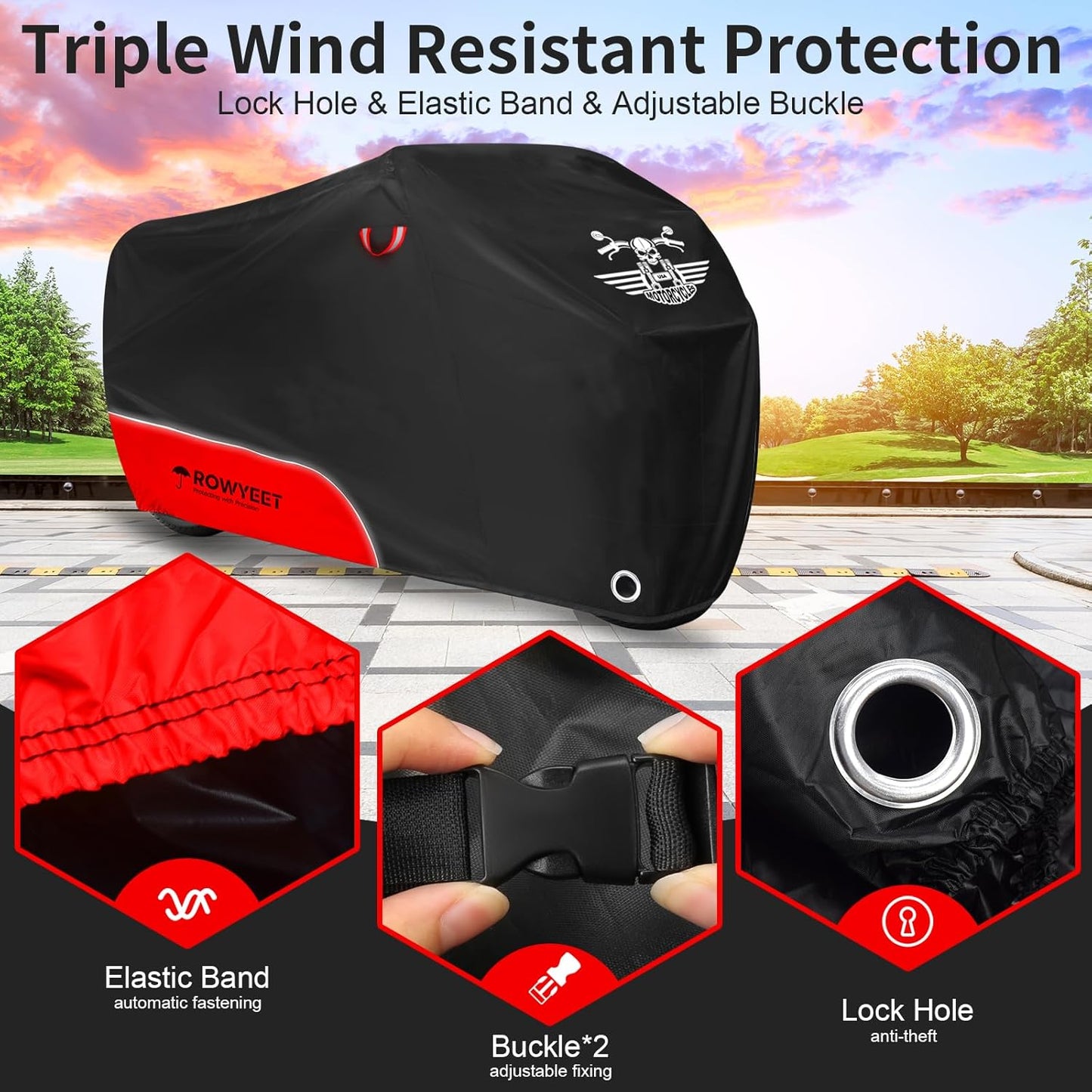 Motorcycle Cover Waterproof Outdoor Storage with Lock-Holes, Storage Bag & Night Reflective Design, Heavy Duty Protection Powersports Vehicle Covers Fits up to 96.5"-116" (420D Red, 96.5")