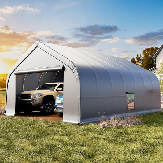 EROMMY 20x30 FT Heavy Duty Durable Carport, Galvanized Steel Frame Garage Shelter and Outdoor Storage, Waterproof 3-Layer PE Cover, Fits 2 Cars, Boat, Farm Equipment, Silver Gray