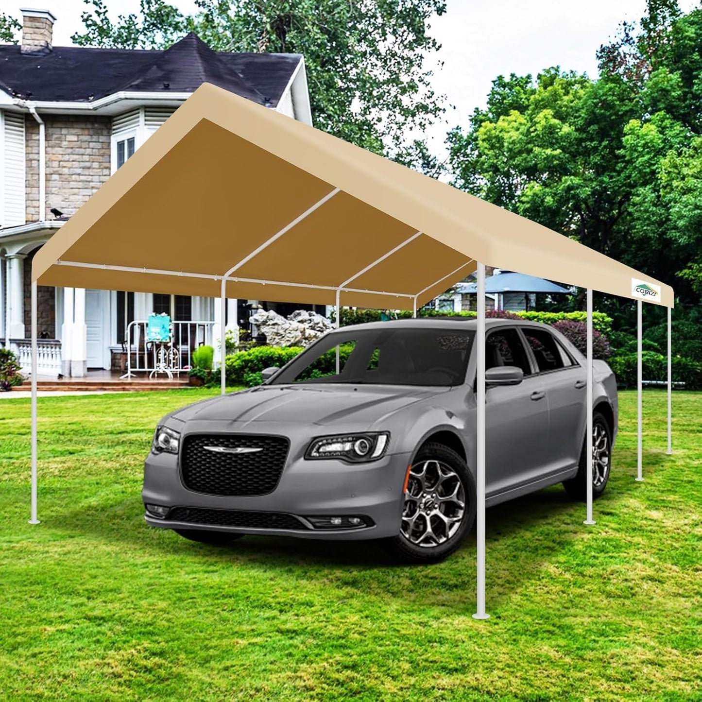 COBIZI Carport 12x20ft Heavy Duty Portable Garage, 2.0 Powder Coated Frame(Better Than Galvanized), Waterproof Shelter with Built-in Sandbags, for Car/Boat/SUV, Khaki