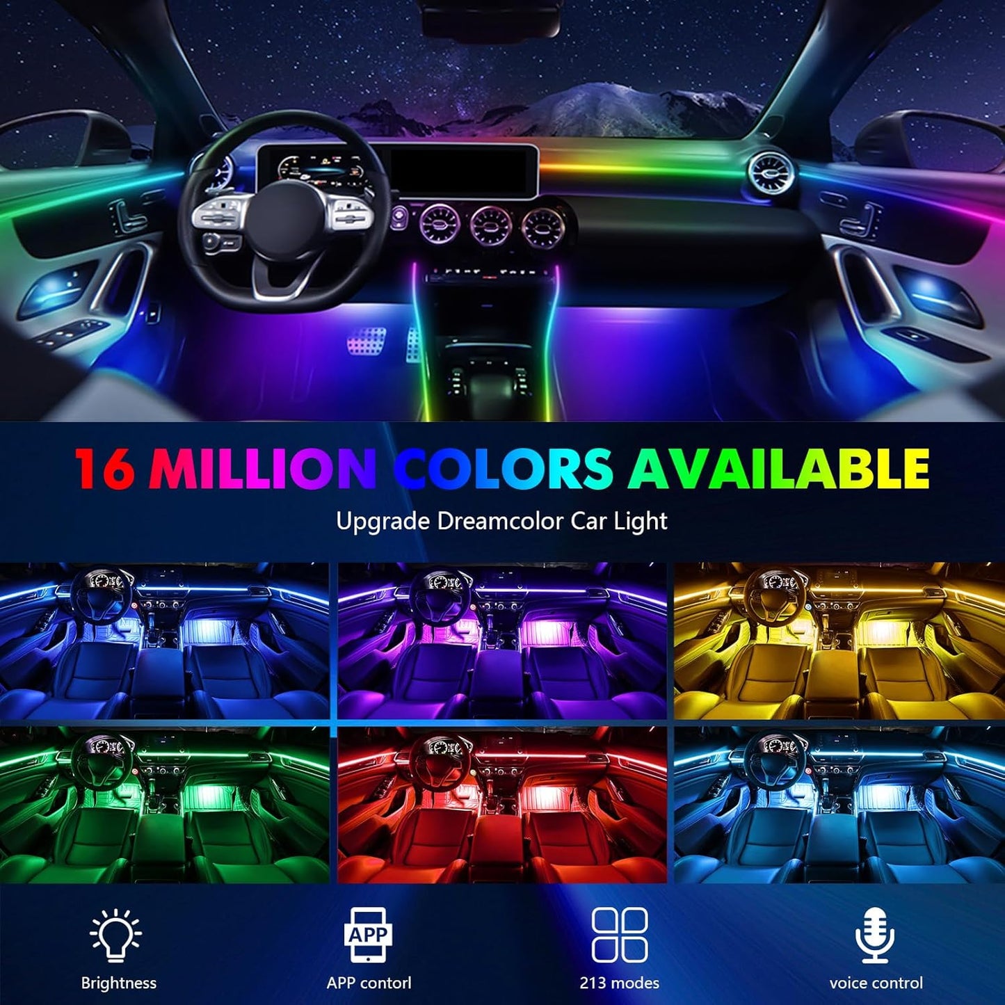 2025 Upgraded Acrylic Interior Car LED Strip Light with Self-Developed App Dreamcolor RGB 6 in 1 | Zone Control | Super Brighter LED Strips | Music Sync | 16M Colors Car Ambient Lighting