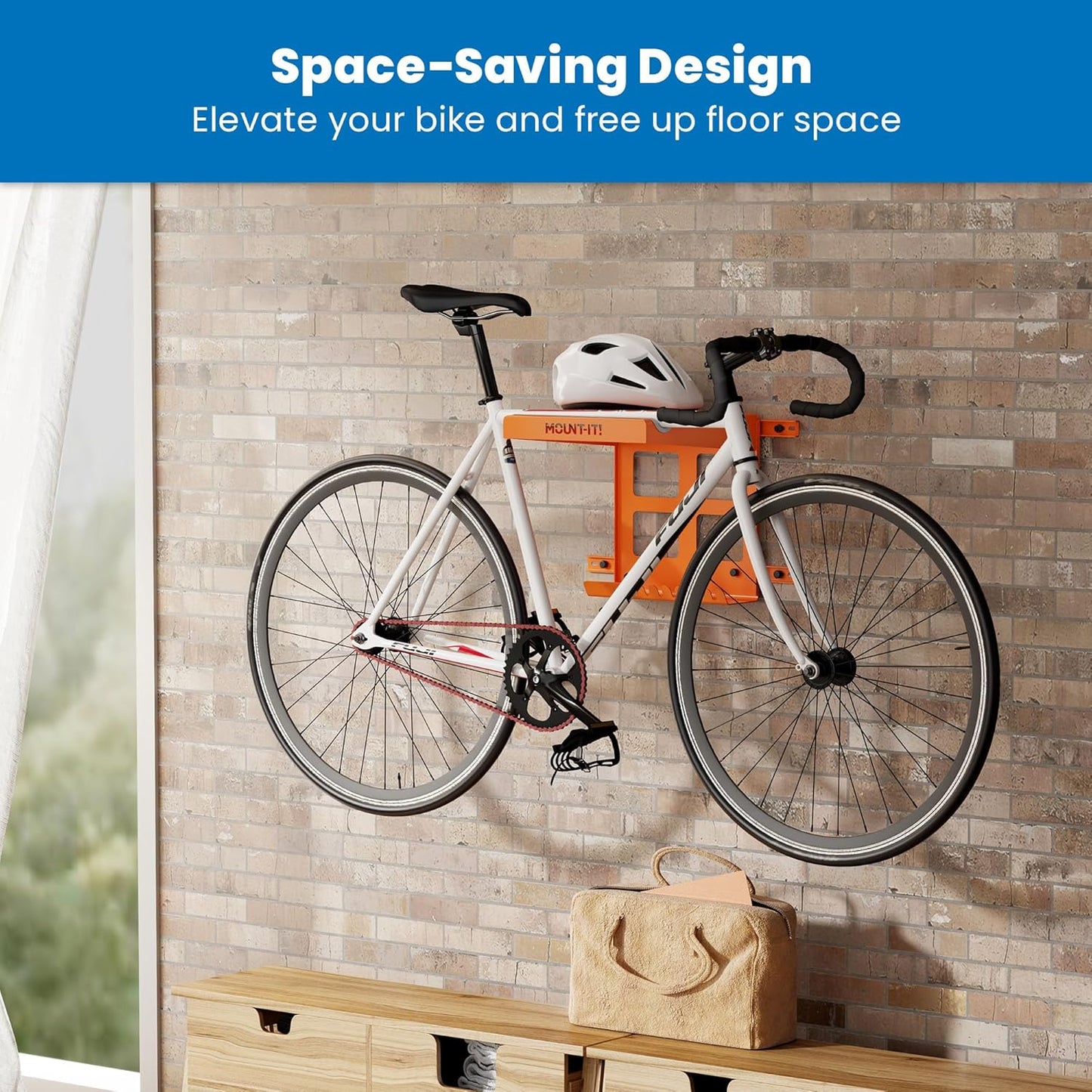 Mount-It! Bike Wall Mount Rack with Shelf and Hooks, Horizontal Indoor Bike Rack Garage Home, Space Saving Wall Mounted Hanger for a single Road, Mountain or other Bicycle with Extra Storage, Orange