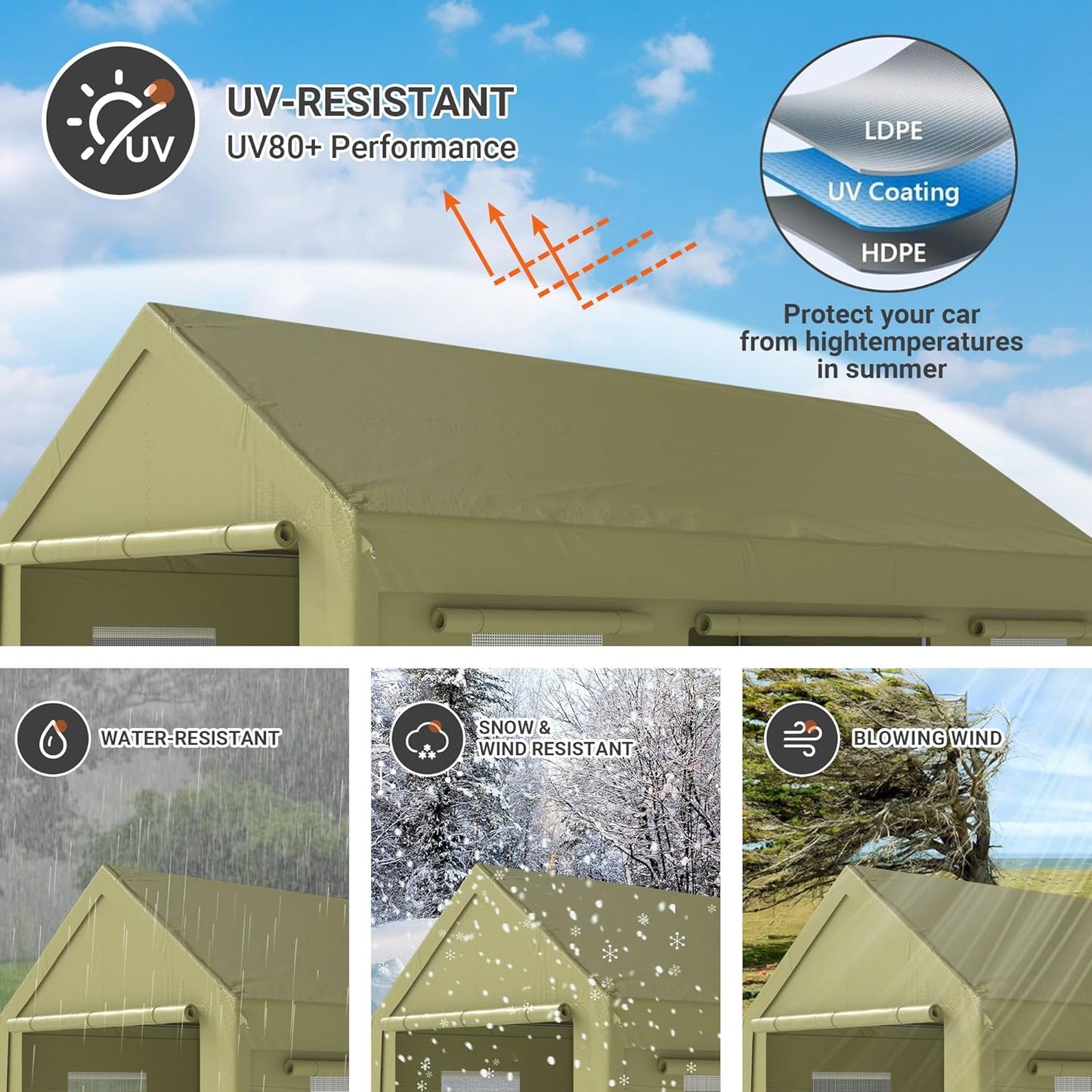 12x20 FT Carport, Heavy Duty Carport, Portable Garage with Side-Opening Door & Roll-Up Windows, Car Canopy Reinforced Four-Hole Base for Car, Truck, Boat, Motorcycle, Green