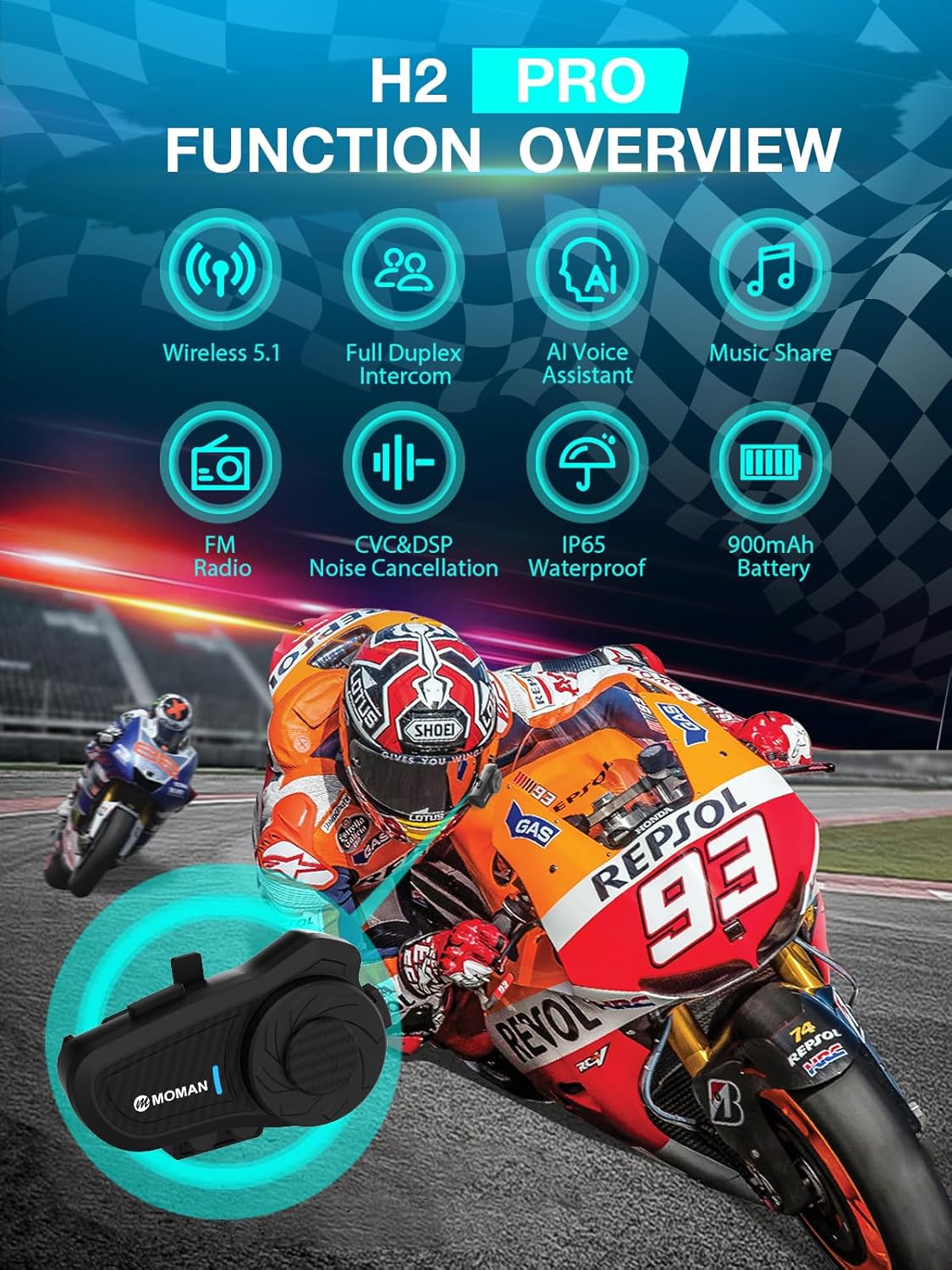 Moman Motorcycle Intercom, H2 Pro【2 Pack Carbon】 Helmet Headset Wireless Communication System to 1000M with DSP&CVC Noise Cancellation IP65 Waterproof FM, Motorcycle-Intercom-Headset-Helmet-Motobike