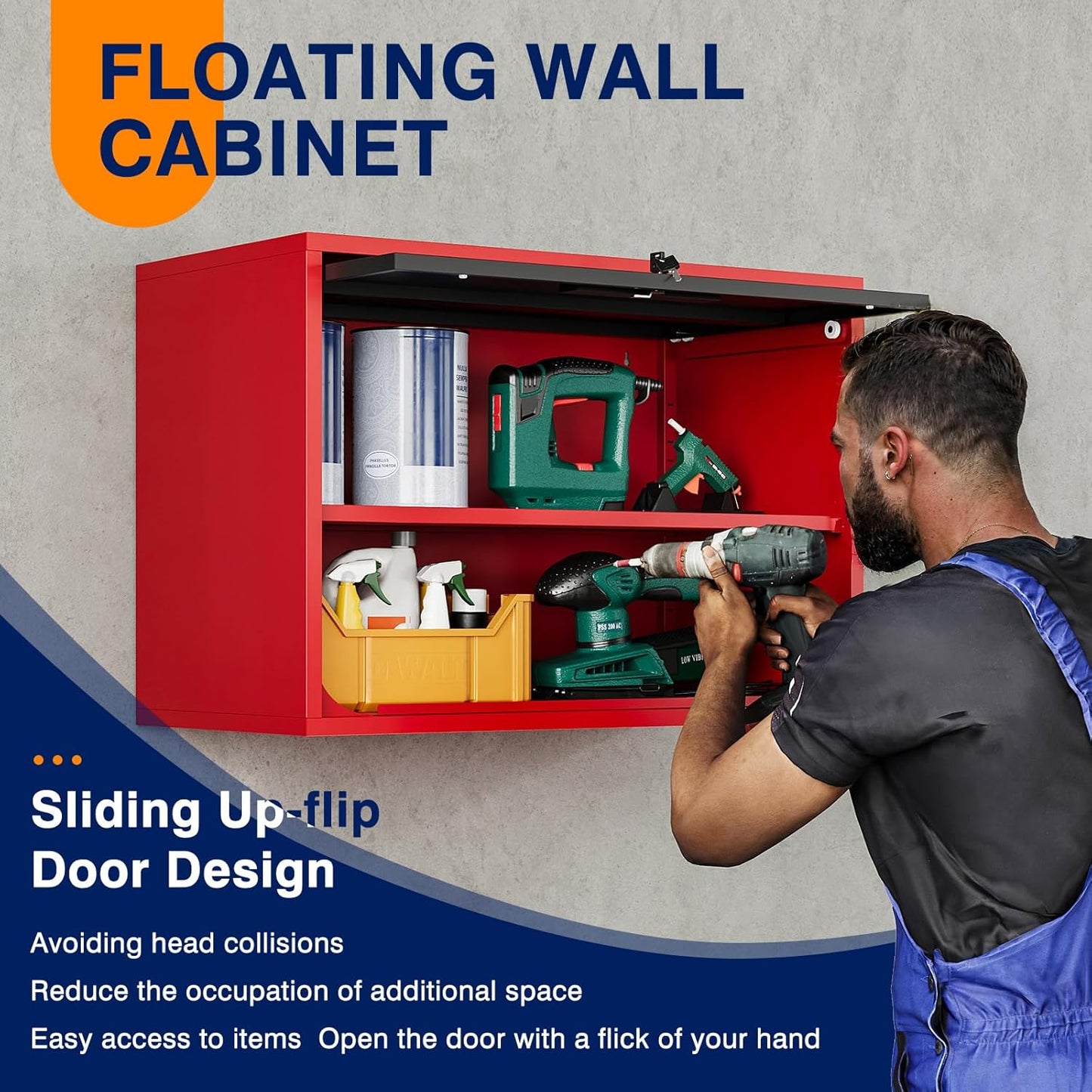 Yizosh Metal Garage Wall Cabinet with Doors and Shelves,Wall Mounted Metal Storage Cabinet, Floating Steel Tool Cabinet for Garage,Basement,Kitchen,Warehouse (Red Black,21.6" H)