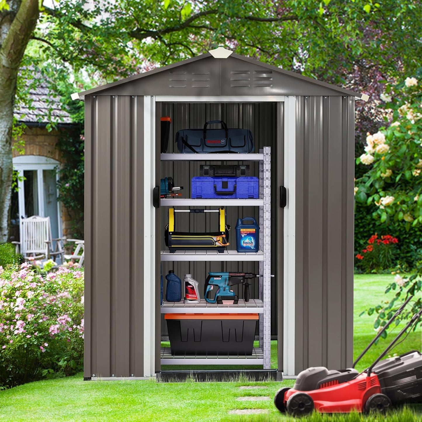Shintenchi 5x3 FT Outdoor Storage Shed with Window, Lockable Outdoor Waterproof Tool Storage Sheds, Weather Resistant Tool Storage House Shed for Garden, Backyard, Patio Utility and Tool Storage, Gray