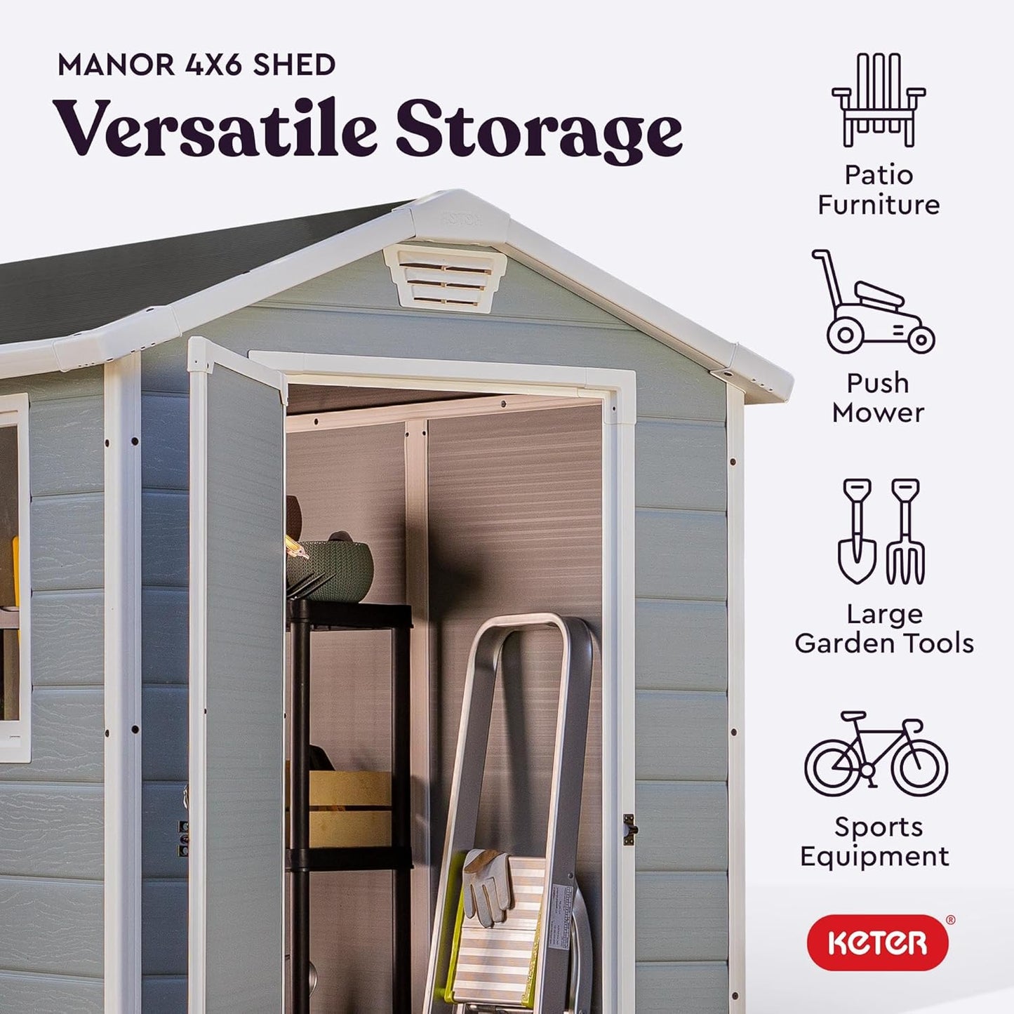 Keter Manor 4x6 Resin Outdoor Storage Shed Kit-Perfect to Store Patio Furniture, Garden Tools Bike Accessories, Beach Chairs and Lawn Mower, Grey & White