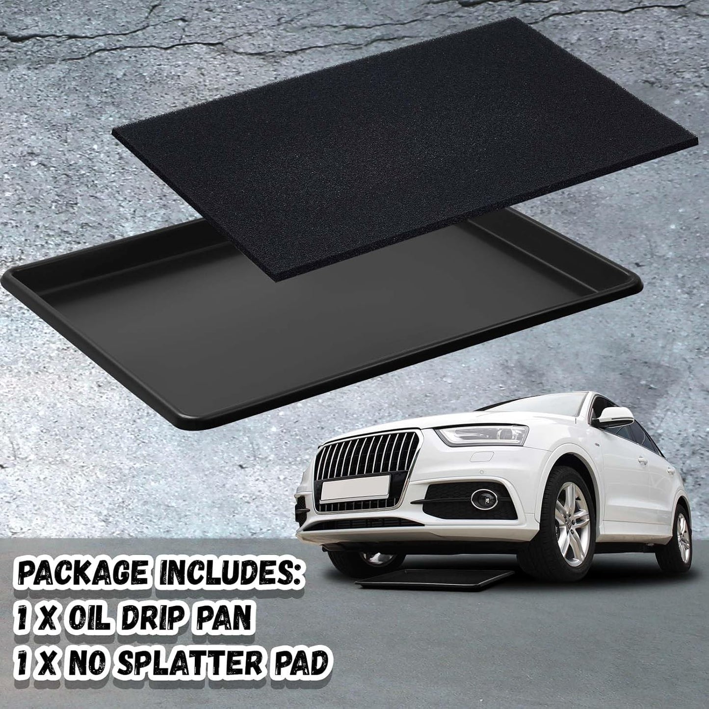 Uiifan 1 Set 27'' x 20''x 1.4'' Oil Drain Drip Pan for Car with Square No Splatter Pad Oil Drip Tray with Mat for Under Car Transmission Garage Automotive Driveway to Keep Floor Clean, Black