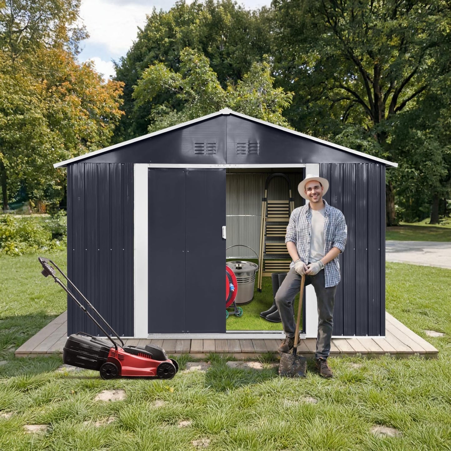 9.1' x 10.6' XL Outdoor Storage Shed, Sturdy Metal Building w/Windows & Lockable Doors for Garden, Backyard, Poolside and Lawn, Anthracite