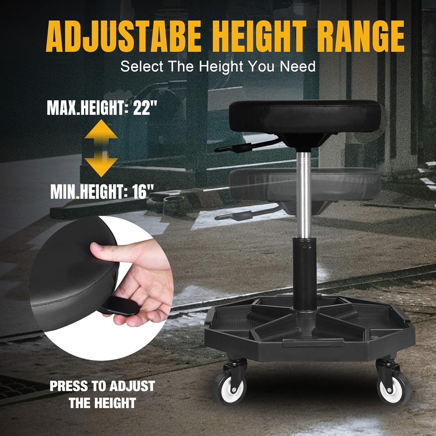 YELLOW JACKET Rolling Garage Seat Adjustable Pneumatic Shop Creeper Seat 300Lbs Mechanic Stool with Wheels and Removable Tool Tray Storage Workshop Chair for Auto Repair