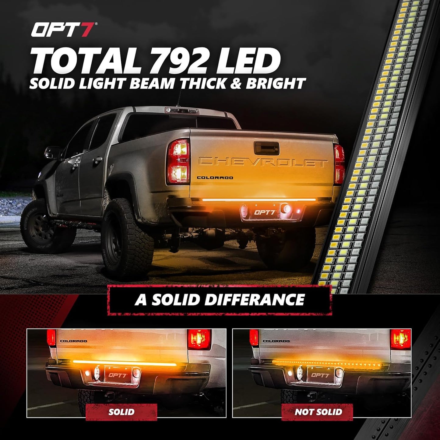 OPT7 48" Redline Triple Row LED Tailgate Light Bar w/Sequential Amber Turn Signal - Weatherproof Rigid Aluminum Frame Light Strip for Colorado Canyon Frontier - Full Functions Reverse Brake Running