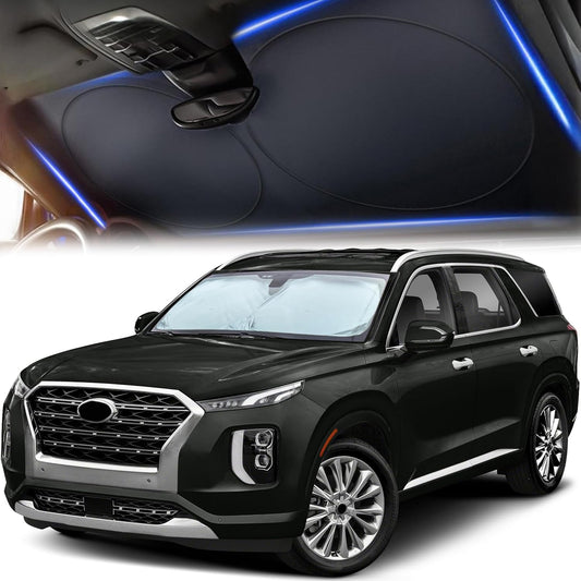 Windshield Sun Shade for Car, SUV & Truck – Patented Design Blocks 99% UV Rays & Heat | 240T Reflective Polyester Sunshade with Storage Bag | Keeps Vehicle Interior Cool | Universal Fit L(64" x 34")