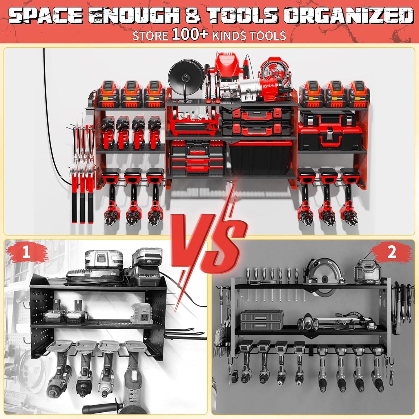 45" Large Power Tool Organizer Wall Mount with Charging Station - 3 Layer Storage Racks with 8 Cordless Drill Holder, 4 Hooks, Heavy Duty Garage Tool Organizer Storage for Workshop Pegboard Basement