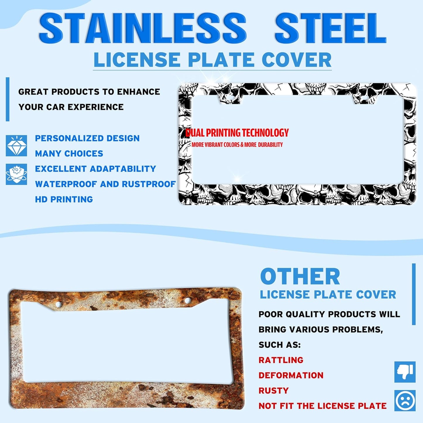 Skull License Plate Frame Black White Skeleton Stainless Steel License Plate Holder for Front or Rear Car Tags Funny for Car Decoration Accessories with Screws 6.3 X 12.2 in for Women Men