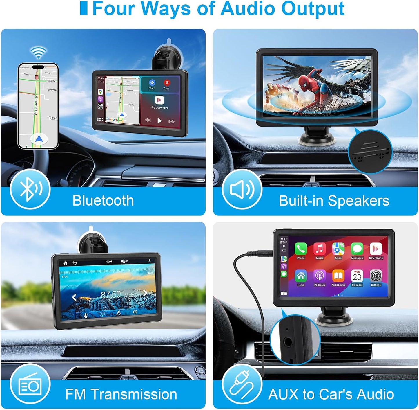 Wireless Carplay Screen for Car, 7" HD Touch Screen Portable Car Stereo for Carplay & Android Auto, Pantalla para Carros with Bluetooth, AUX, FM Transmitter, Voice Control