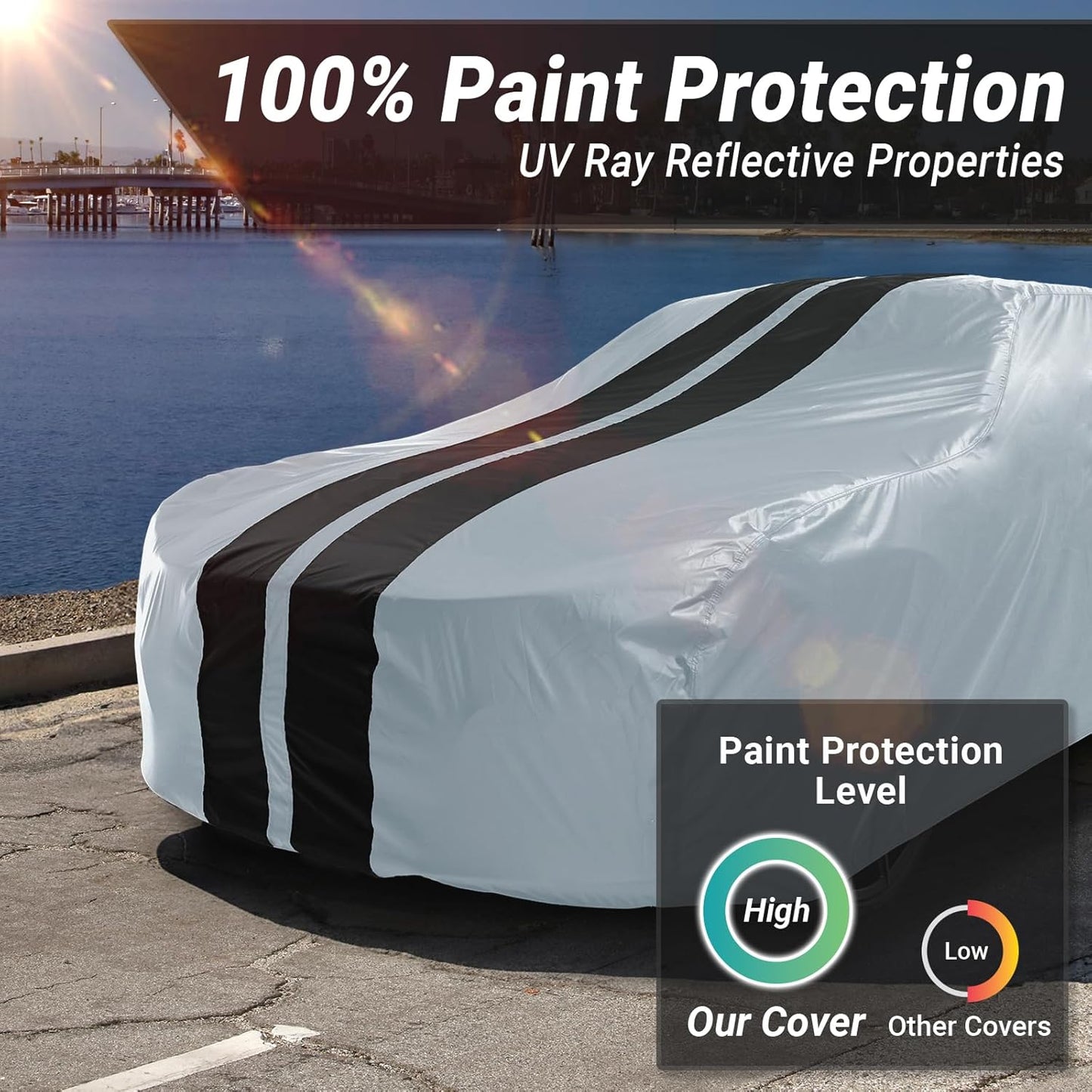 iCarCover Custom Car Cover for Pontiac Tempest 4-Door (1964-1967) Waterproof All-Weather Rain Snow UV Sun Protector Full Exterior Indoor Outdoor Car Cover (Stripe - Gray/Black)