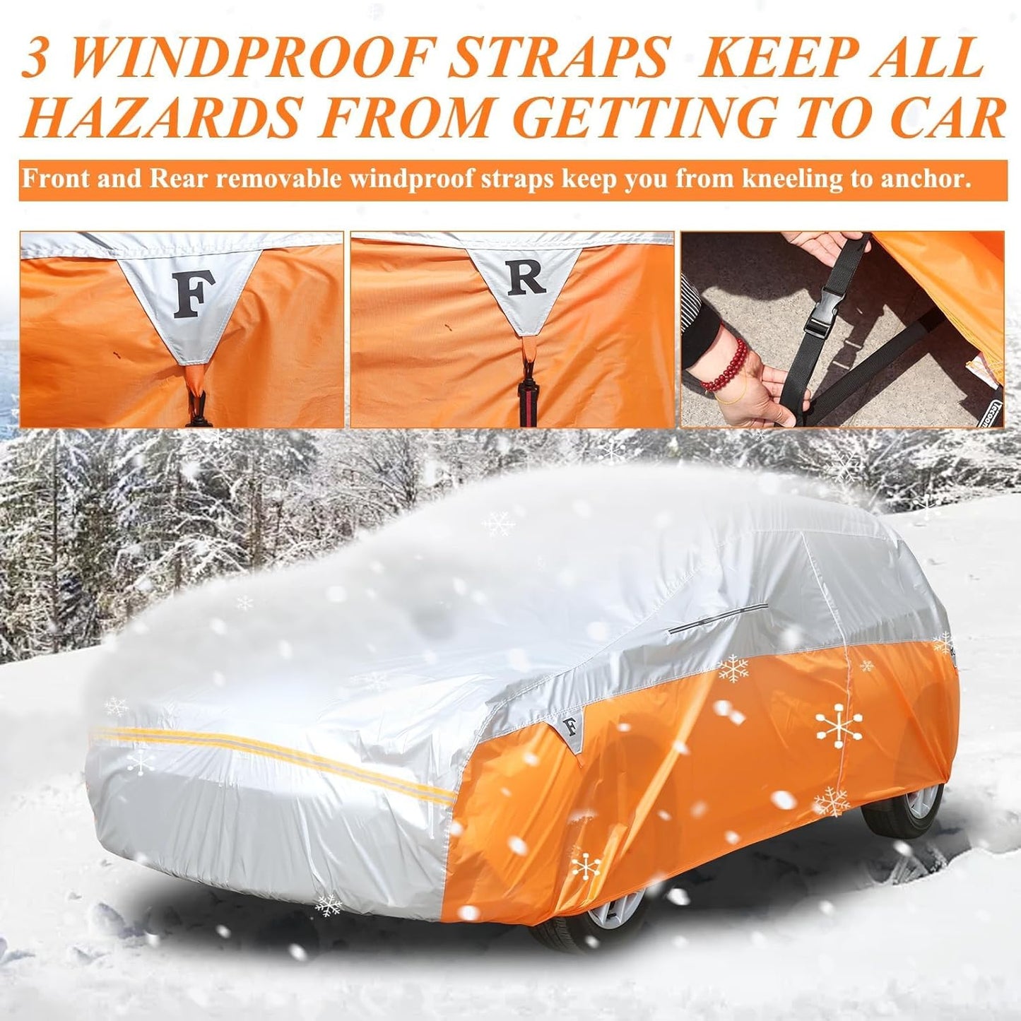 Tecoom Car Cover for Automobiles, Weatherproof Full Exterior Covers, Universal Car Tarp Covers w/Detachable Gust Straps for Toyota Corolla Ford Focus Chevrolet Sonic, Fit 160"-172" Hatchback