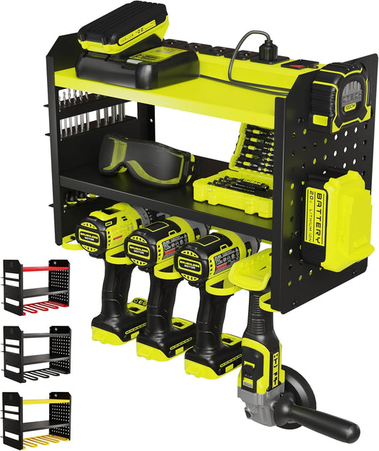 Heavy-Duty Metal Tool Storage Rack - 3-Tier Wall Mount Organizer, Drill Holder, Utility Racks, PegBoard Side, Garage Storage (Green)