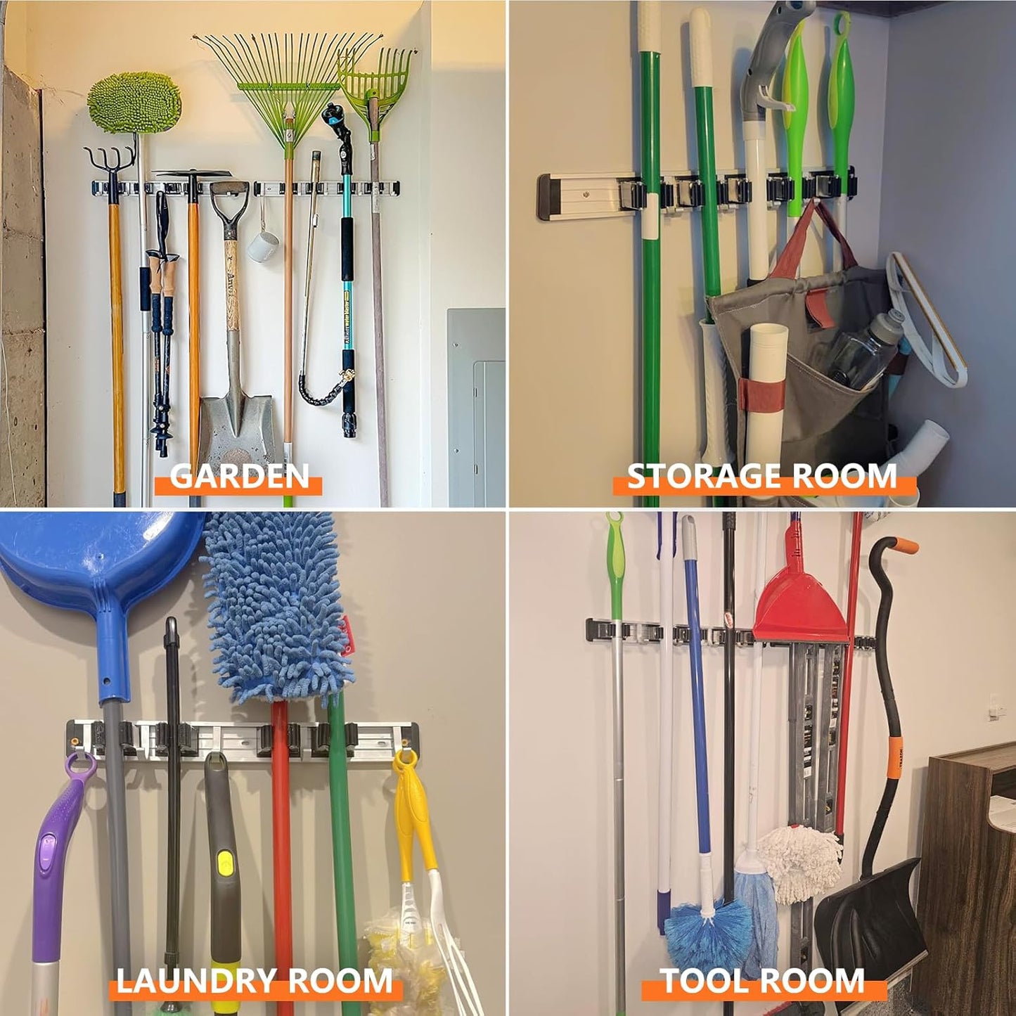 Broom Holder Wall Mount Mop and Broom Hanger Wall Mounted Garage Storage Rack Kitchen Garden Tool Organizer (5 Racks with 4 Hooks, Black)