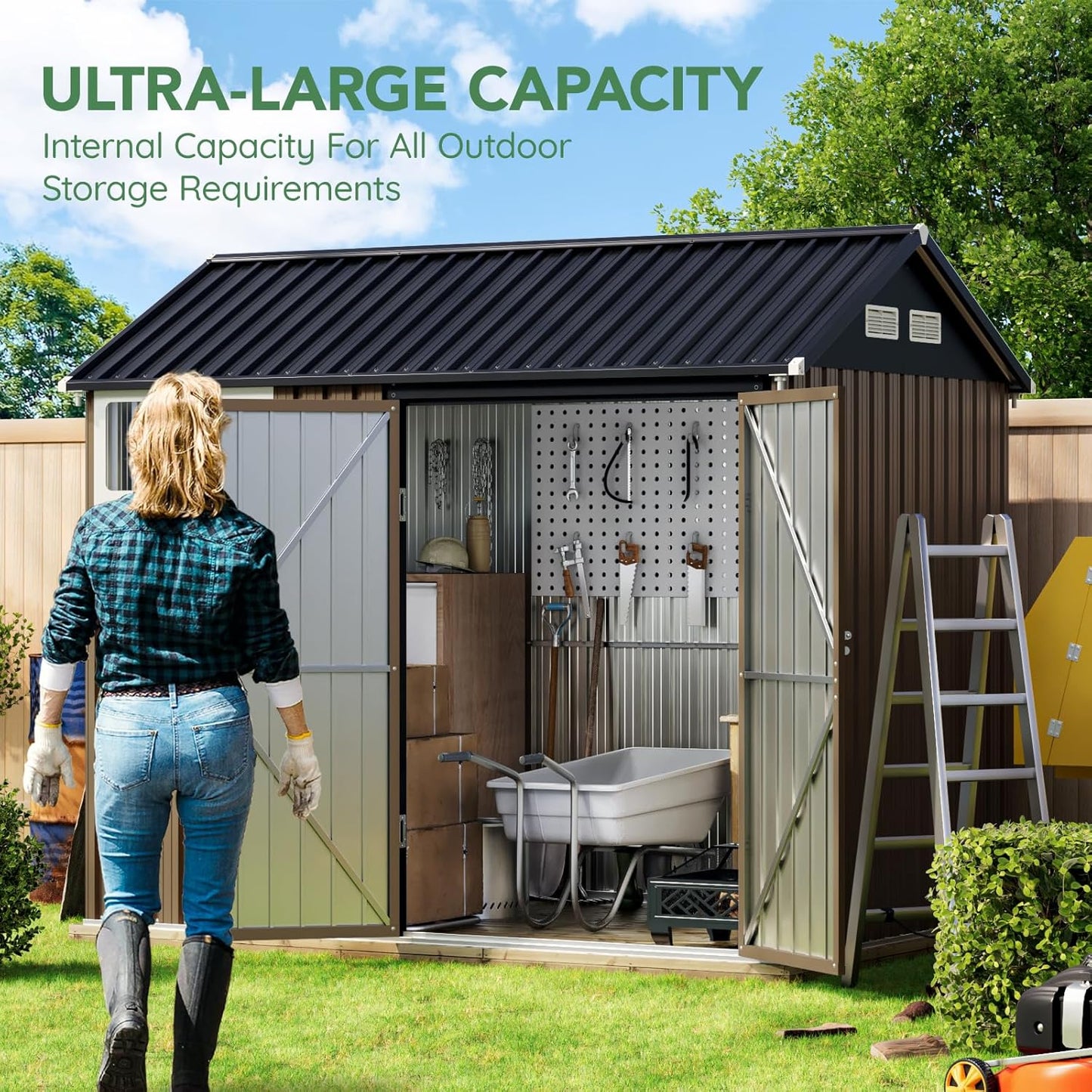 8X6FT Outdoor Steel Storage Shed with Lockable Doors, One Window,Ideal for Garden, Backyard, Patio Storage,Brown