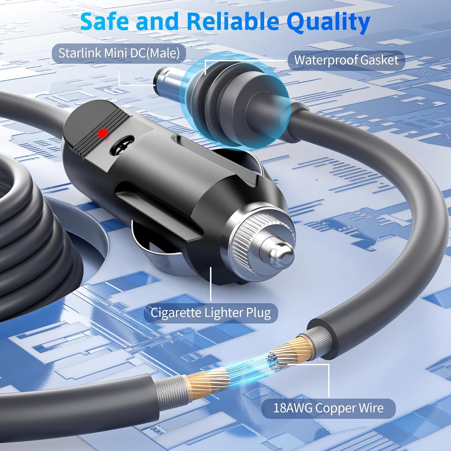 Starlink Mini Cable 12V 24V Car Adapter 10FT/3M Cigarette Lighter to DC Cord Replacement DC Power Cable 18AWG for Starlink Charging Cord Waterproof