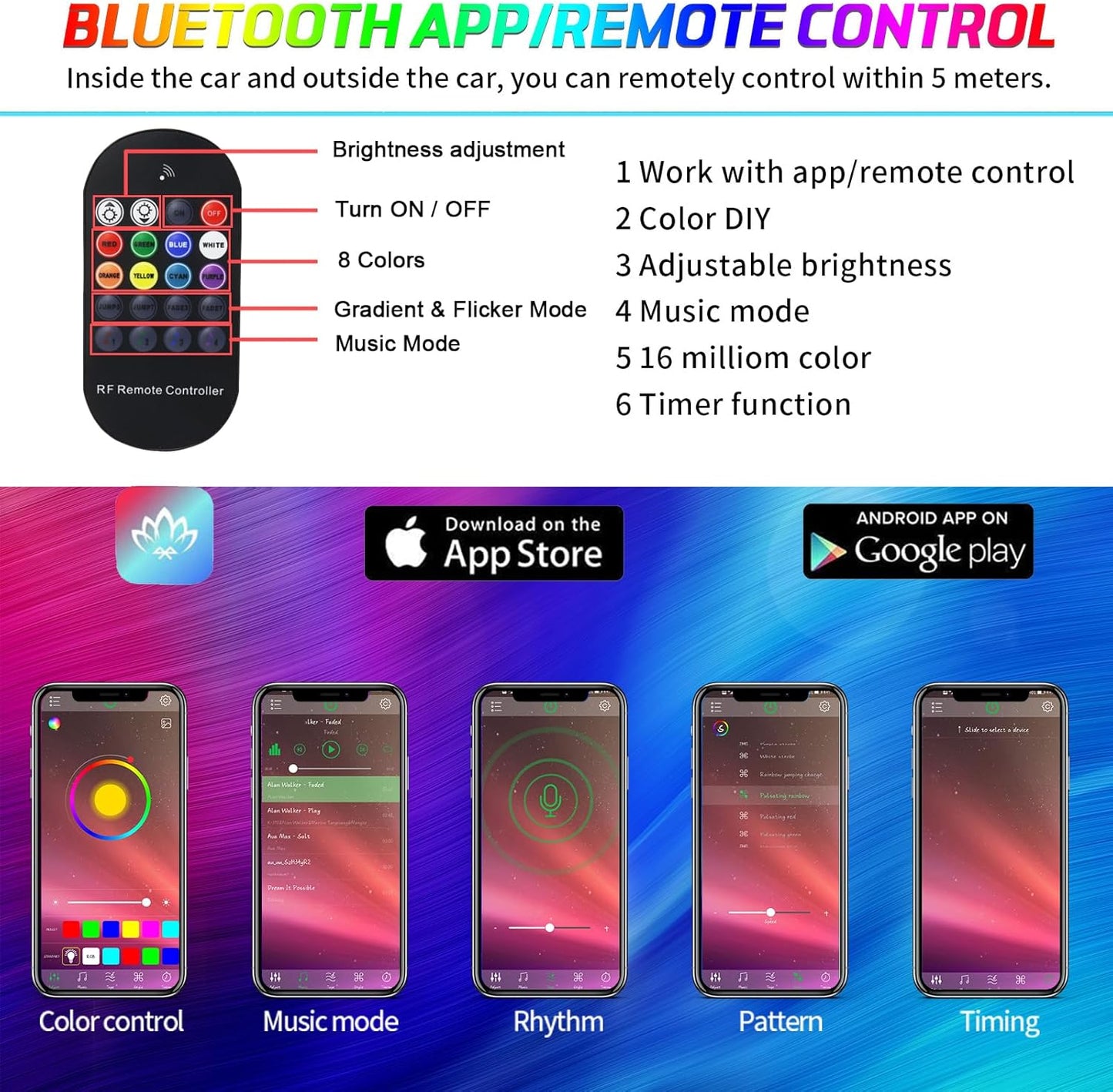 6 in 1 Car LED Strip Lights, RGB Car Interior Lights with 315 inches Fiber Optic, Remote and APP Control, 16 Million Colors Ambient Lighting Kits, Music Neon Light Accessories for Car Inside