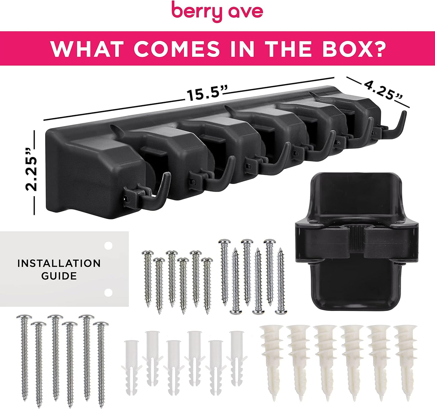 Combo 5 Slot Broom Holder w/ 1 Self Adhesive Mop Gripper No-Drilling, Wall Mount Tool Organizers For Kitchen, Garage, Laundry Room- Anti-Slip Hanger For Brooms, Mops, Rakes, Dustpans (Black / Black)