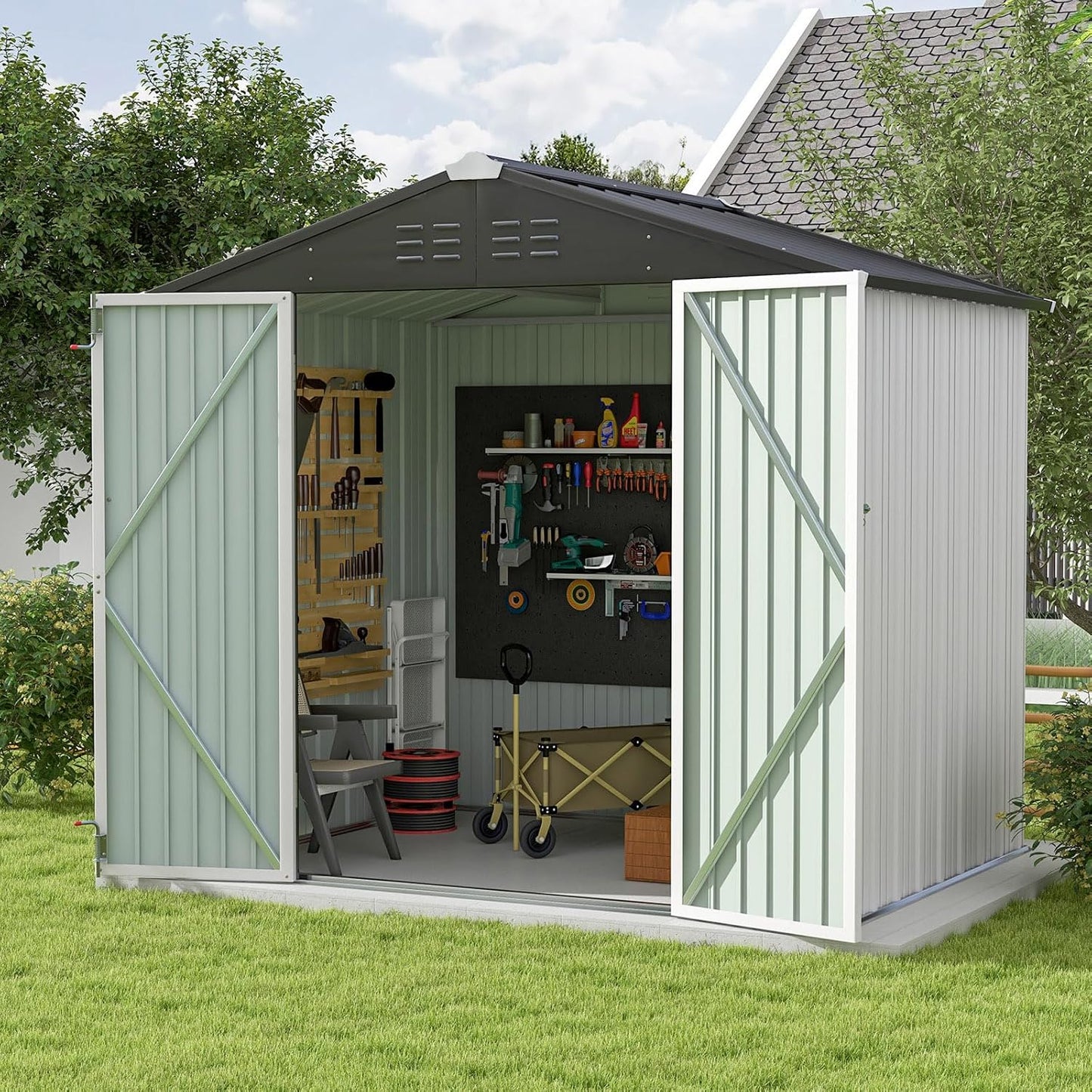 Patiowell Outdoor Storage Shed 8x6 FT, Garden Tool Storage Shed with Sloping Roof and Double Lockable Door, Outdoor Shed for Backyard Garden Patio Lawn, White