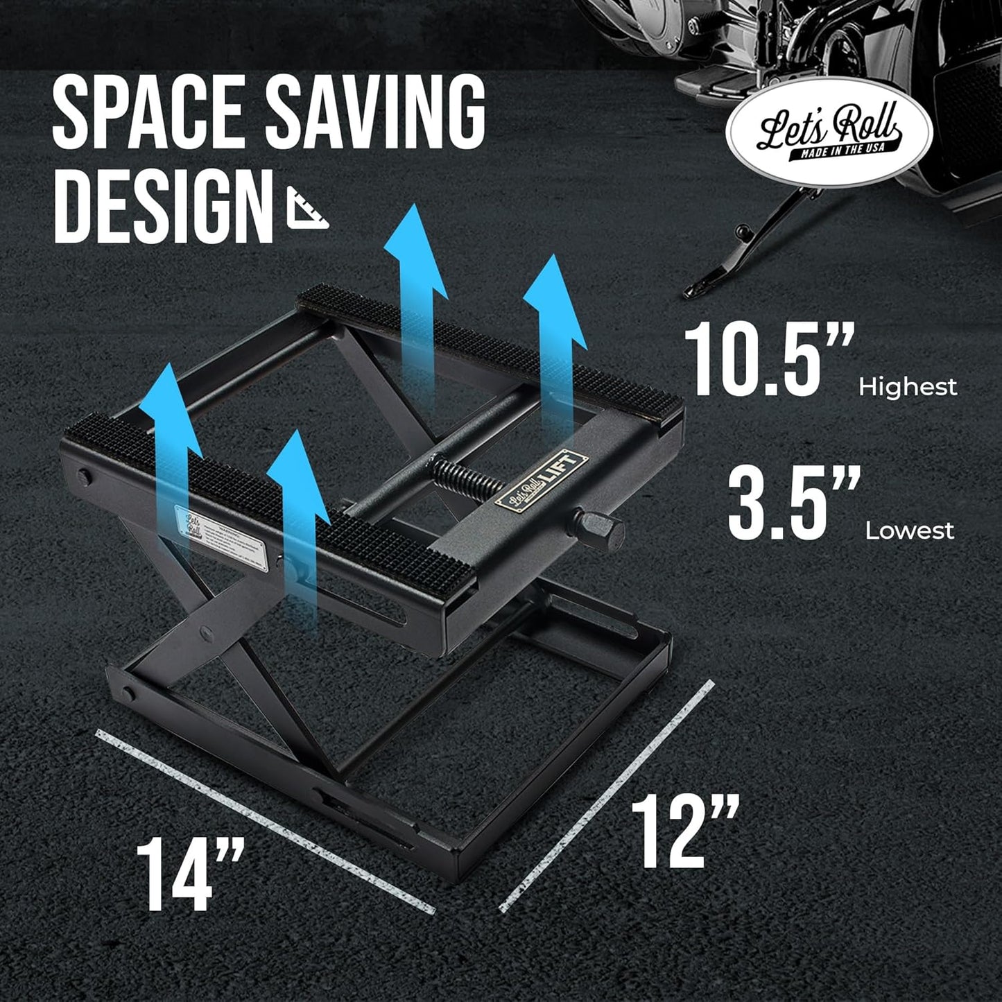 Let's Roll Standard Motorcycle Lift Jack - 1200 LB Heavy Duty Scissor Jack Stands, Scissor Lift Jacks, Motorcycle Accessories, Stable Garage Lifts with Mobility for Maintenance - Made in The USA