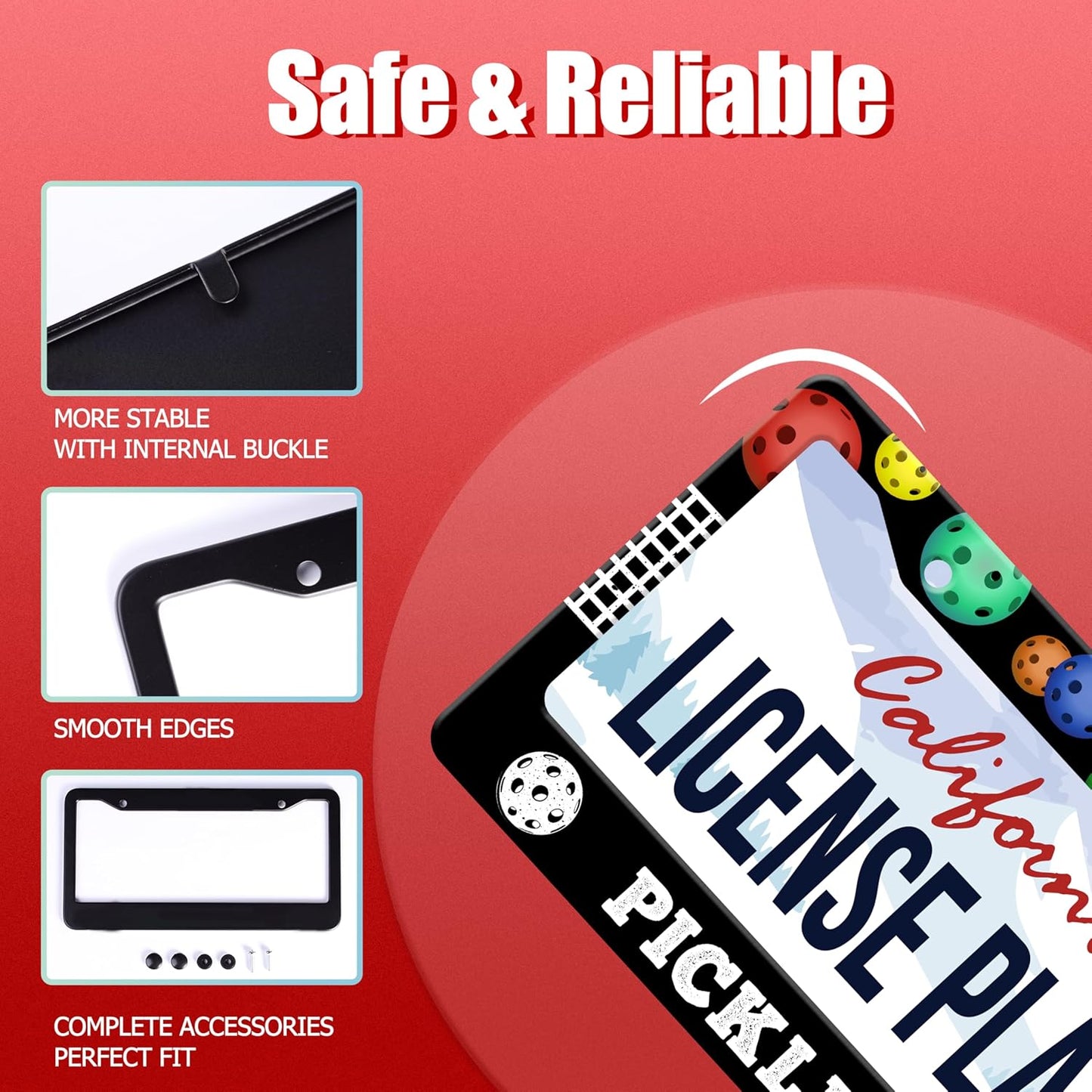 Personalized License Plate Frame Pickleball Stainless Steel Accessory Colored Balls License Plate Holder Funny Car Decorative 2 Holes Screws Fits Us Standard License Plates 12.2 X 6.3 In For Men Women