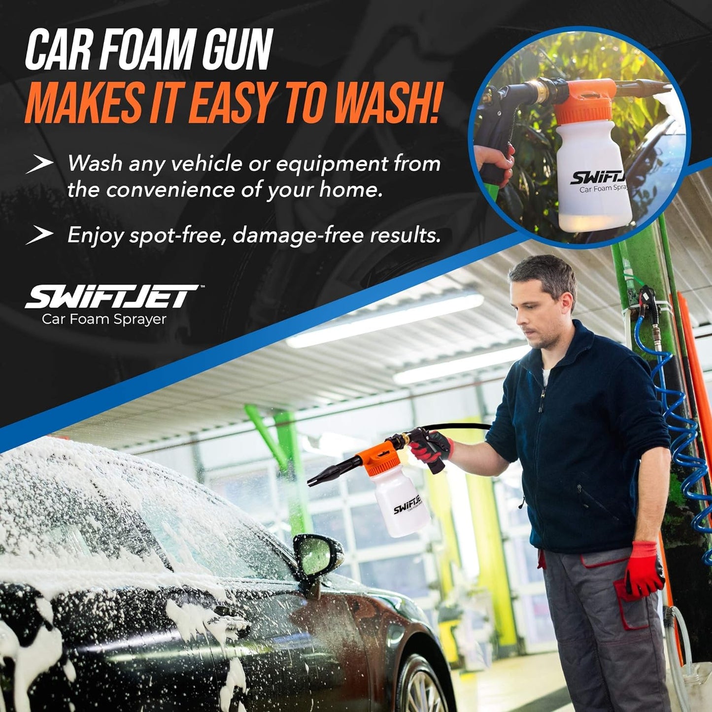 SwiftJet Car Wash Foam Gun + Microfiber Wash Mitt - Car Foam Sprayer - Car Wash Kit - Foam Cannon Garden Hose Sprayer - - Car Accessories for Men - Snow Foam Blaster (Orange Foam Gun with Mitt)