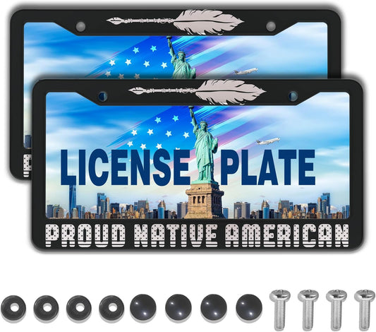 License Plate Frames Black and White License Plate Holder Proud Native American Universal Aluminum Car Accessory 2 Pack with Screw Covers Set