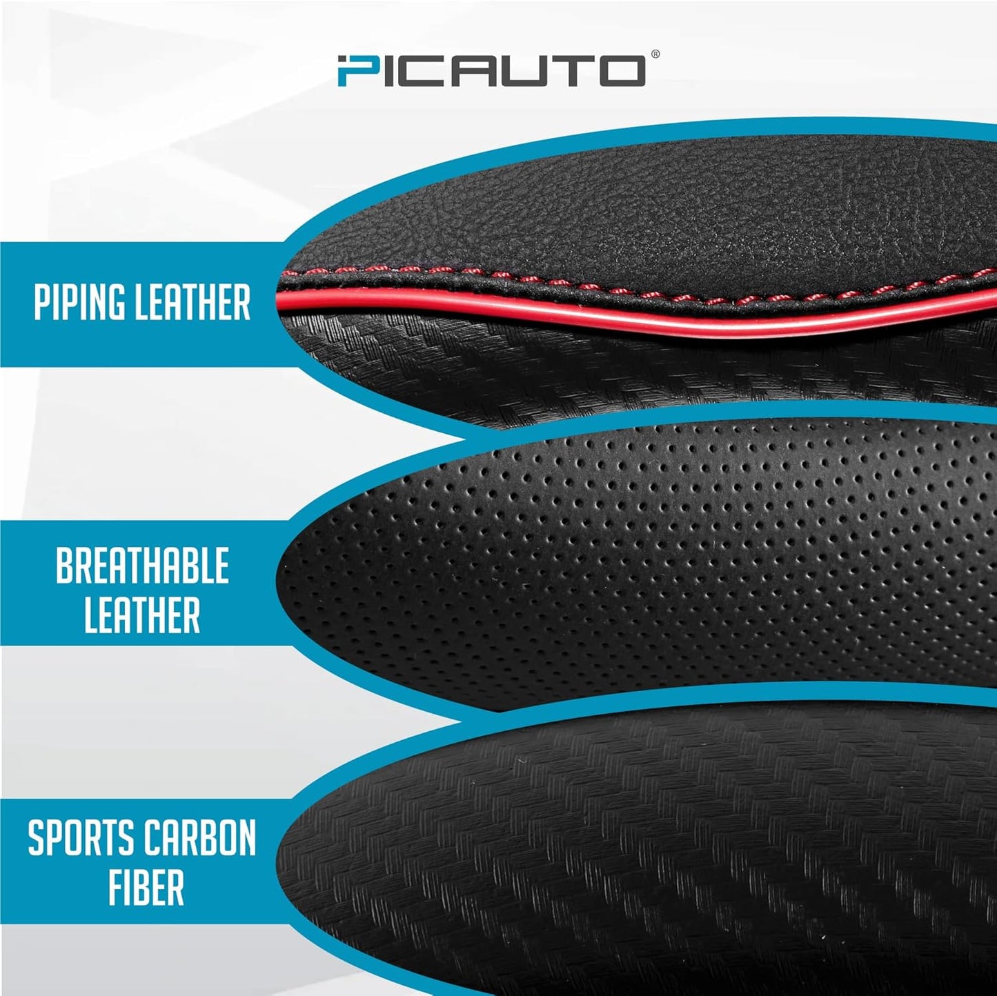 PIC AUTO Steering Wheel Cover, Red Piping Leather, Sports Carbon Fiber and Super Breathable Leather, Universal 14.5-15.5 Inch Anti-Slip Steering Wheels Accessories for Men & Women