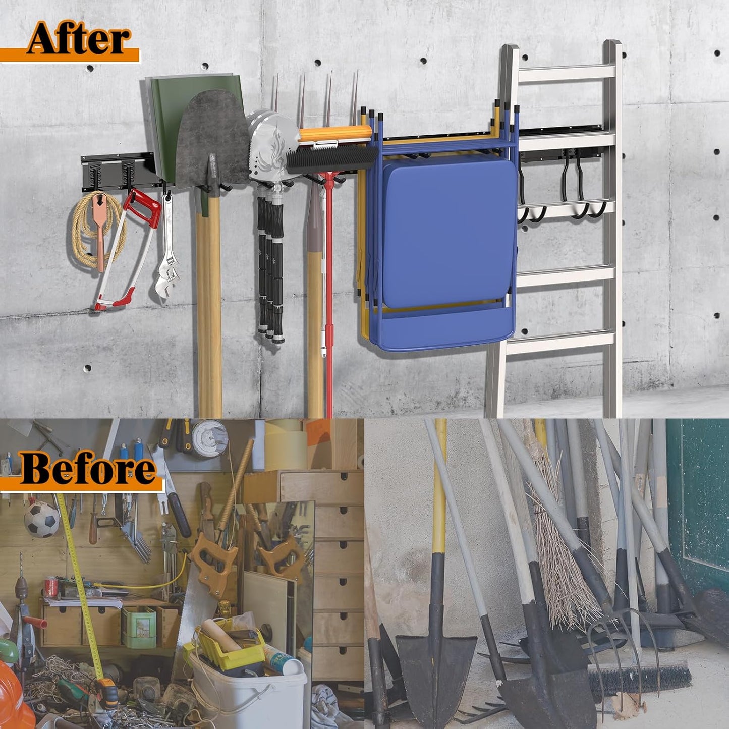 64 Inches Garage Tool Organizer Wall Mount, Yard Tool Hangers for Garage Wall, Tool Storage Rack Wall Hooks