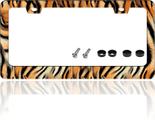Tiger License Plate Frame Funny Tiger Skin Stripe License Plate Holder for Front or Rear Car Tags Reusable Durable Stainless Steel Car Decoration with Screws 6.3 X 12.2 Inch for Men Women