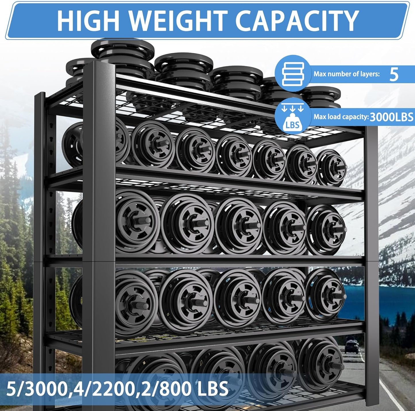 5-Tier Heavy Duty Garage Shelving Unit with Wire Shelves,3000 LBS Capacity Metal Storage Rack 76"H x 60"W x 24"D,Adjustable Boltless Steel Shelves for Garage,Basement,Pantry,Warehouse.4 Pack