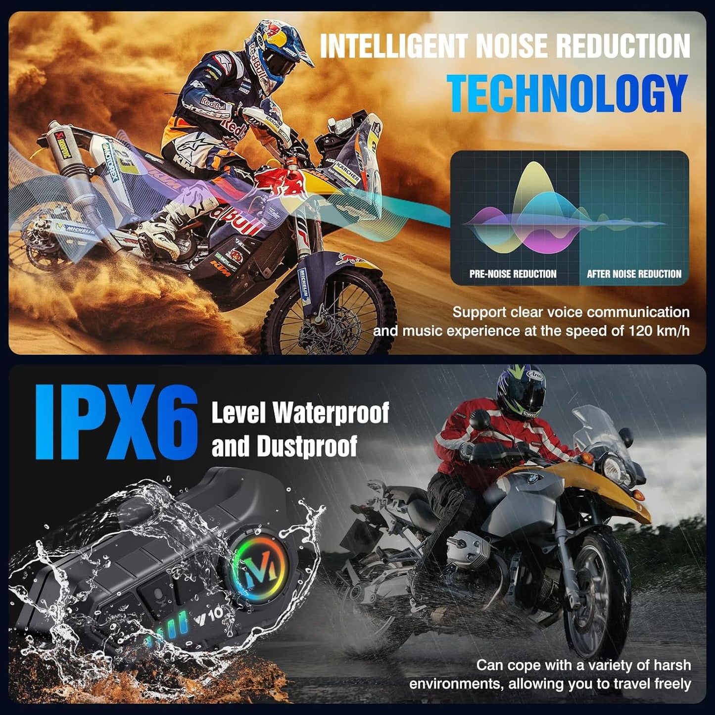 FEYA Motorcycle Helmet Speakers High Battery Life Helmet Headphone IPX6 Automatic Answer/Call Music Control/Intelligent Noise/Wake up Siri, 2 Different Types of Mic - Compatible with All Helmets