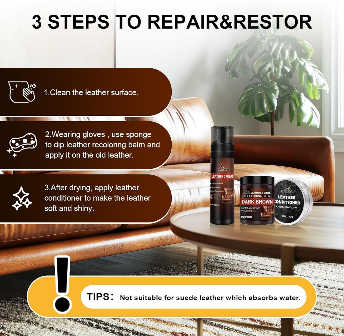 Leather Recoloring Balm Set,Leather Cleaner Restore Conditioner Mink Oil for Leather Repair Kit for Furniture Couches -Revives Repairs Scratches Leather Dye Furniture Polish (Dark Brown)