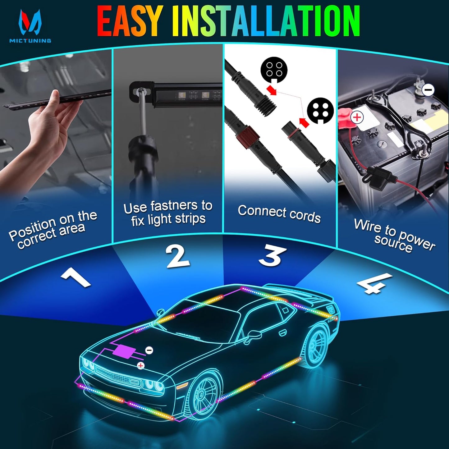 MICTUNING U8 RGB+IC Underglow LED Light Bars (8-Piece Kit) 888 LEDs, Dual Remote Control, Chasing/Fading Modes, IP68 Waterproof Aluminum Housing